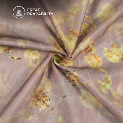 Pastel Purple And Yellow Leaf Printed Organza Satin Fabric