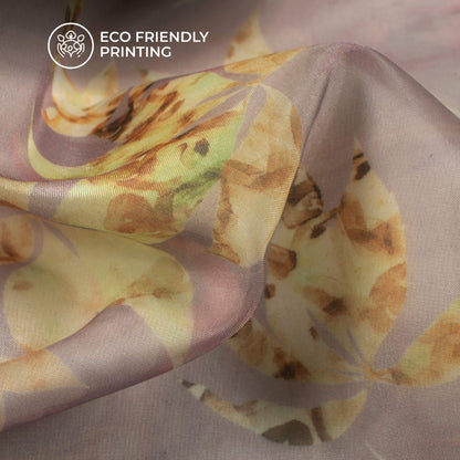 Pastel Purple And Yellow Leaf Printed Organza Satin Fabric