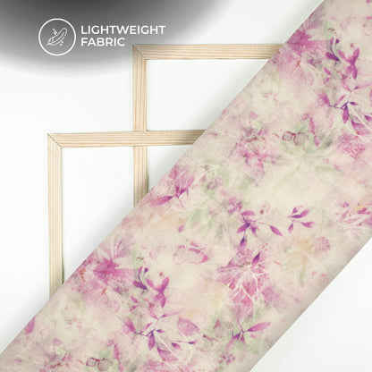 Violet Purple Leaf Printed Organza Satin Fabric