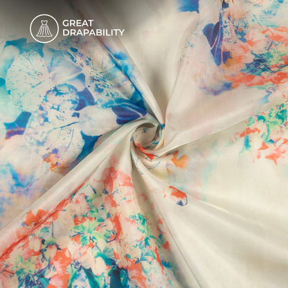 Off White And Blue Floral Printed Organza Satin Fabric