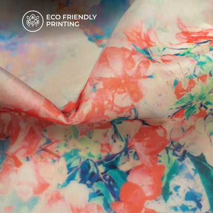 Off White And Blue Floral Printed Organza Satin Fabric