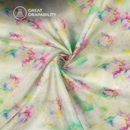 Lemon Yellow And Purple Floral Printed Organza Satin Fabric