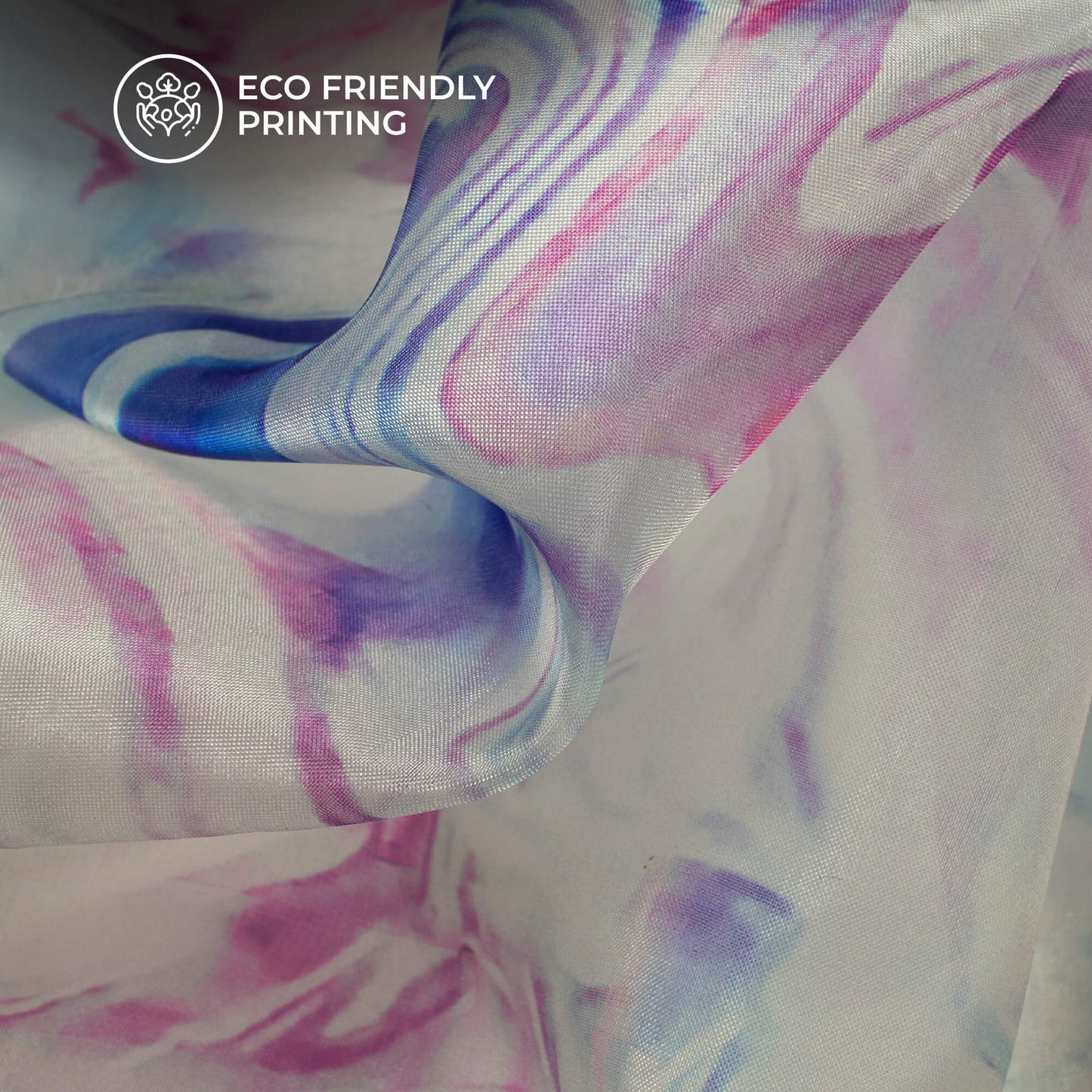 Sky Blue And Purple Marble Printed Liquid Organza Fabric