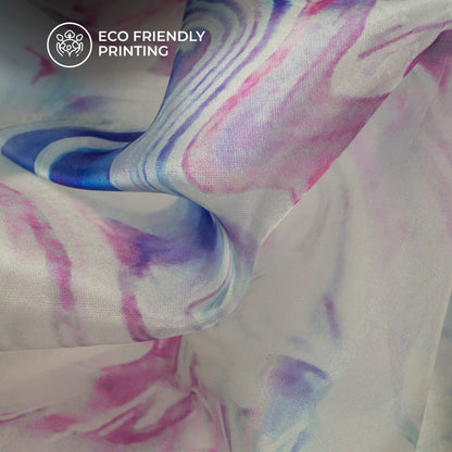 Sky Blue And Purple Marble Printed Organza Satin Fabric