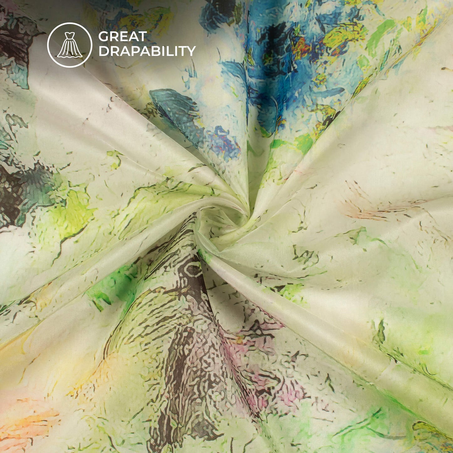 Off WhiteAnd Green Abstract Printed Liquid Organza Fabric