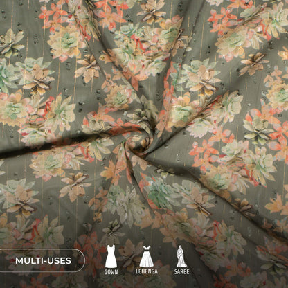 Black And Off White Floral Print Lurex Booti Chiffon Fabric