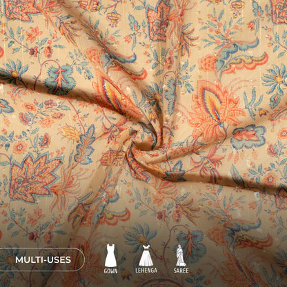 Brown Floral Print Lurex Booti Chiffon Fabric
