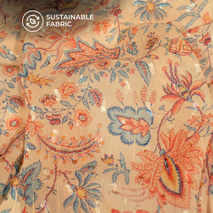 Brown Floral Print Lurex Booti Chiffon Fabric