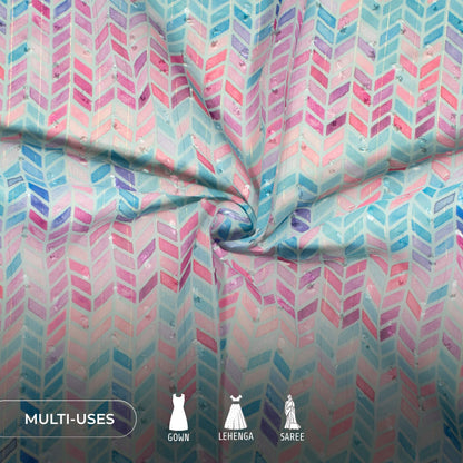 Teal Blue And Pink Chevron Print Lurex Booti Chiffon Fabric