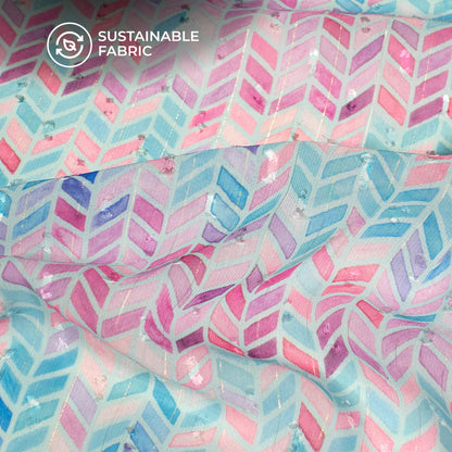 Teal Blue And Pink Chevron Print Lurex Booti Chiffon Fabric