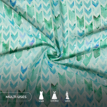 Teal Blue And Green Chevron Print Lurex Booti Chiffon Fabric