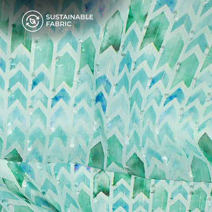 Teal Blue And Green Chevron Print Lurex Booti Chiffon Fabric