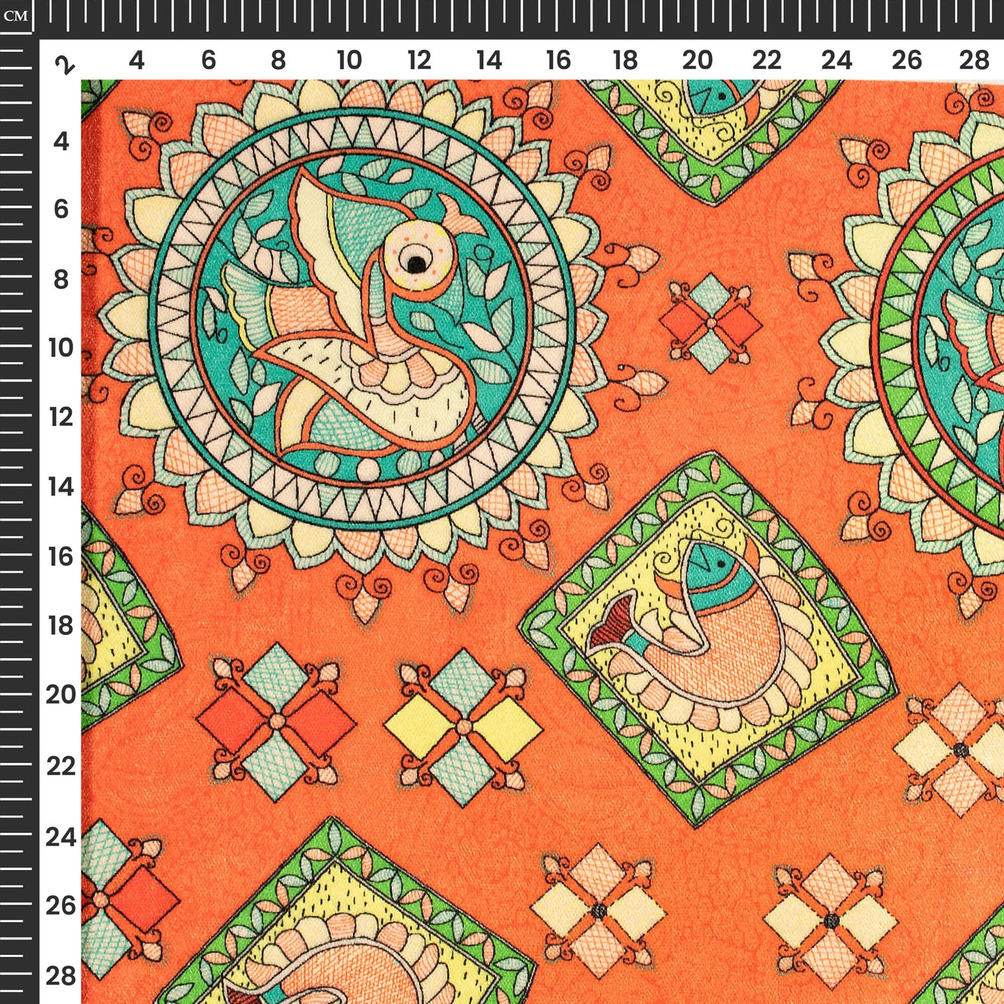 Royal Orange Madhubani Digital Print Premium Velvet Fabric