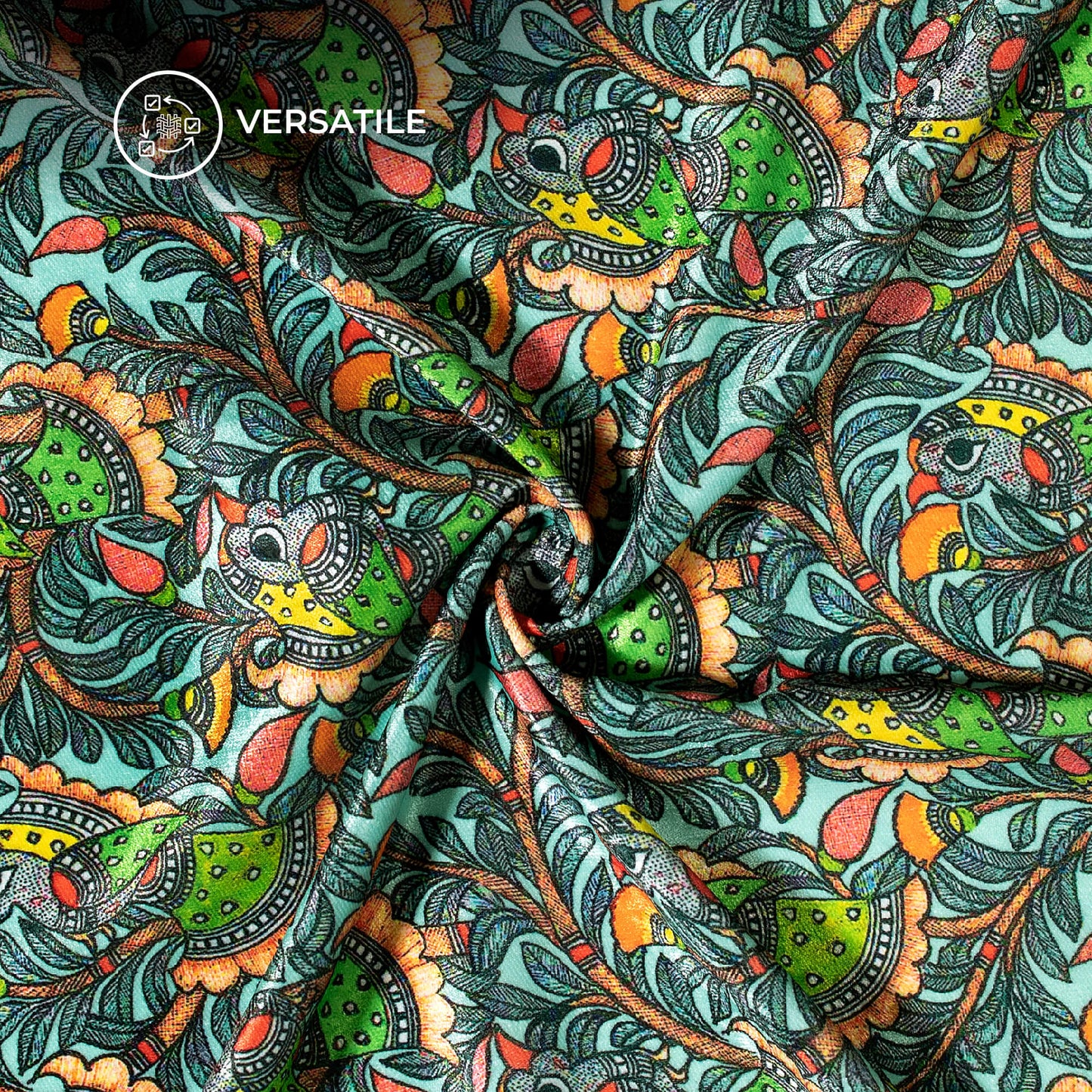 Black And Parrot Green Madhubani Digital Print Premium Velvet Fabric