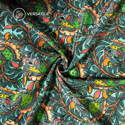 Black And Parrot Green Madhuvanii Digital Print Premium Velvet Fabric