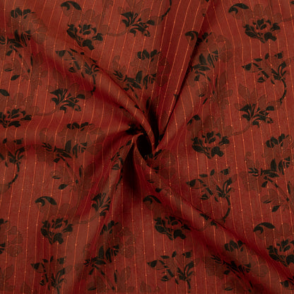 Brick Red And Black Leaf Digital Print Chiffon Sparkle Fabric