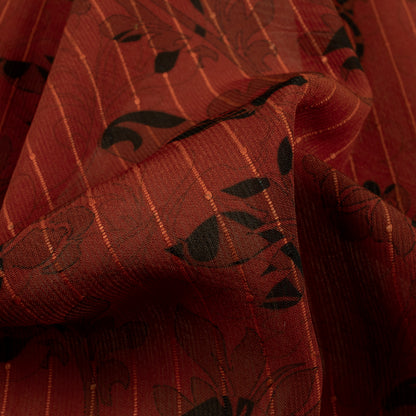 Brick Red And Black Leaf Digital Print Chiffon Sparkle Fabric