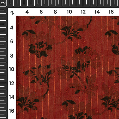 Brick Red And Black Leaf Digital Print Chiffon Sparkle Fabric