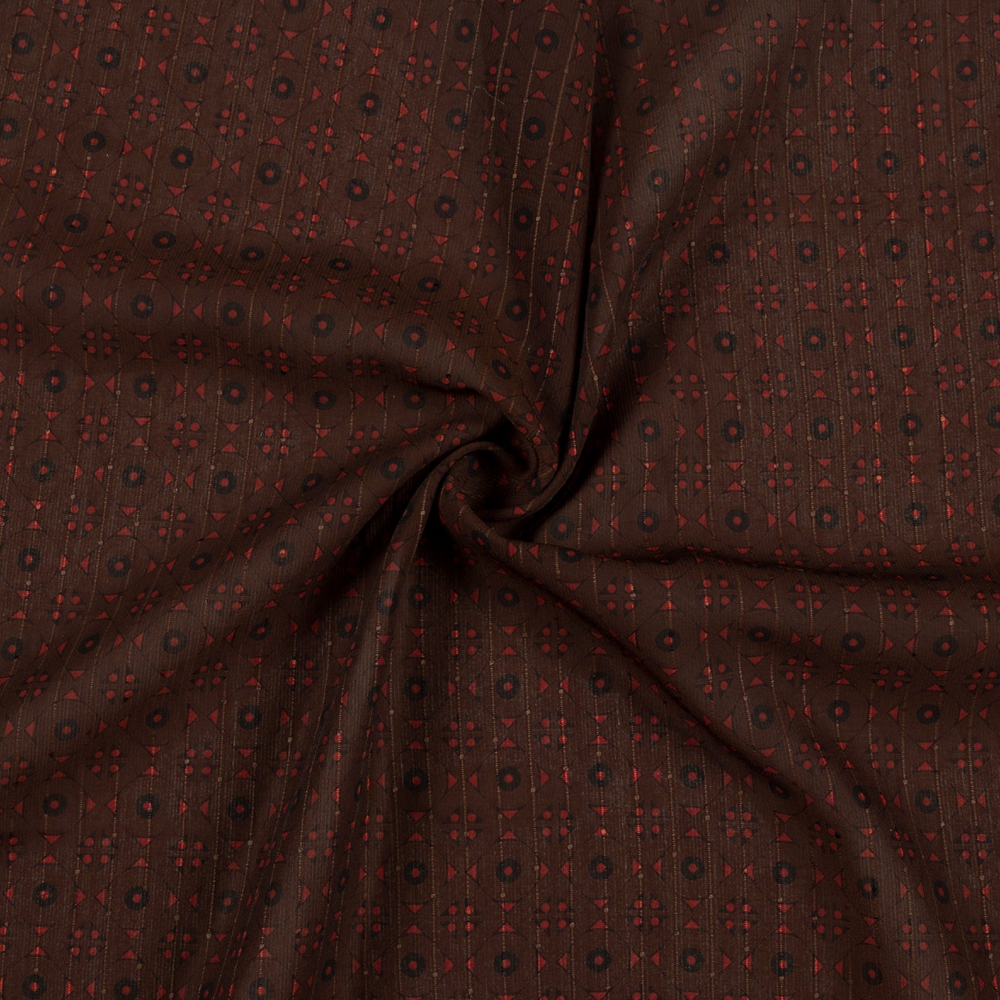 Brown And Brick Red Geometric Digital Print Chiffon Sparkle Fabric