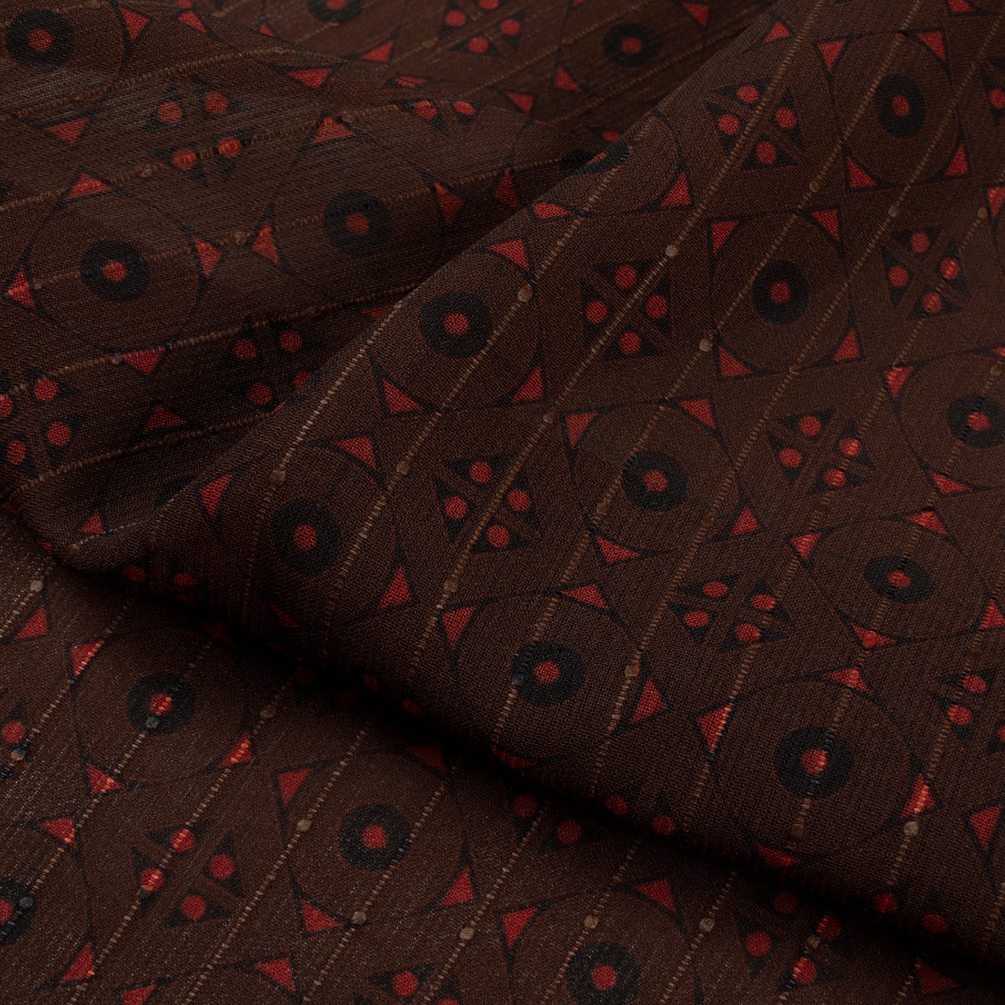 Brown And Brick Red Geometric Digital Print Chiffon Sparkle Fabric