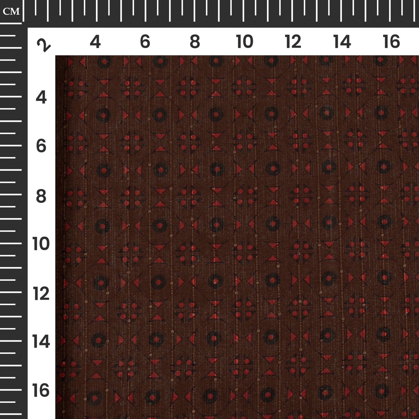 Brown And Brick Red Geometric Digital Print Chiffon Sparkle Fabric