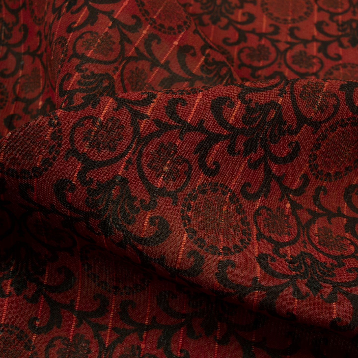 Brick Red And Black Floral Digital Print Chiffon Sparkle Fabric