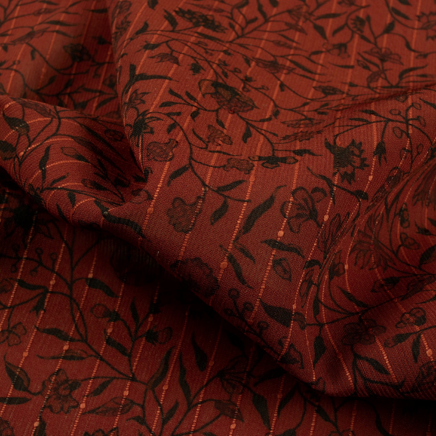 Brick Red And Black Floral Digital Print Chiffon Sparkle Fabric