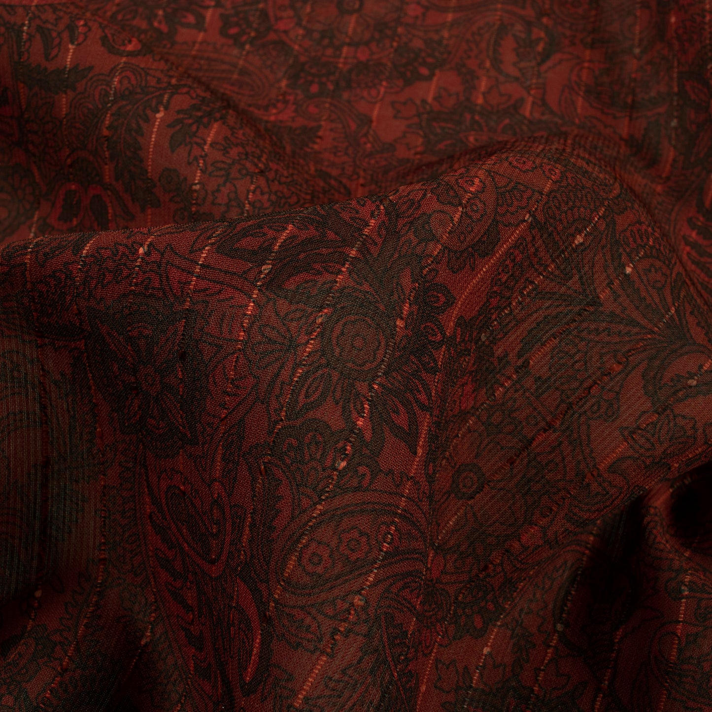 Brick Red And Black Paisely Digital Print Chiffon Sparkle Fabric