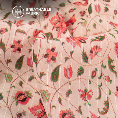 Blush Pink And Green Floral Digital Print Chiffon Sparkle Fabric