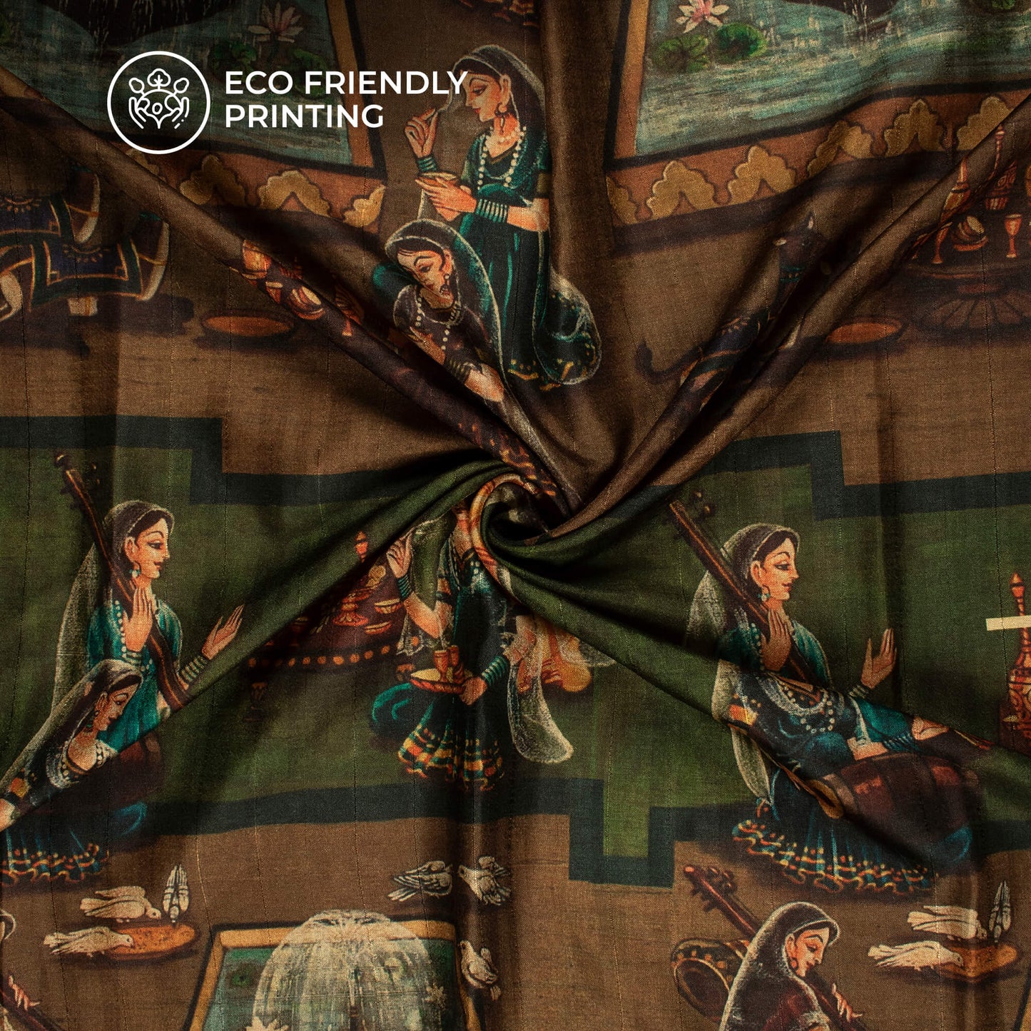 Brown And Green Madhubani Printed Art Tusser Silk Fabric
