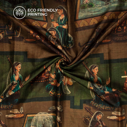 Brown And Green Madhuvanii Printed Art Tusser Silk Fabric