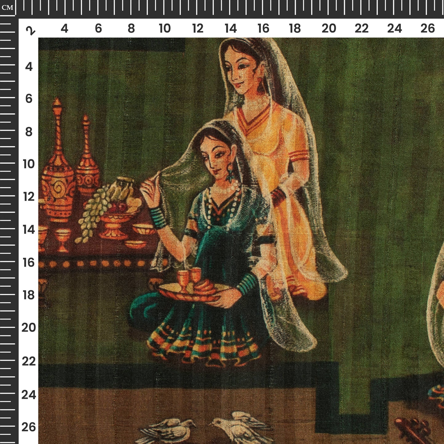Brown And Green Madhubani Printed Art Tusser Silk Fabric
