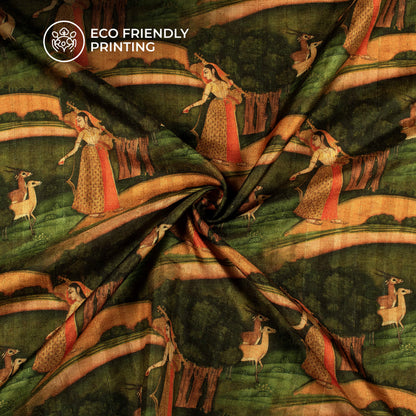 Green And Brown Madhuvanii Printed Art Tusser Silk Fabric