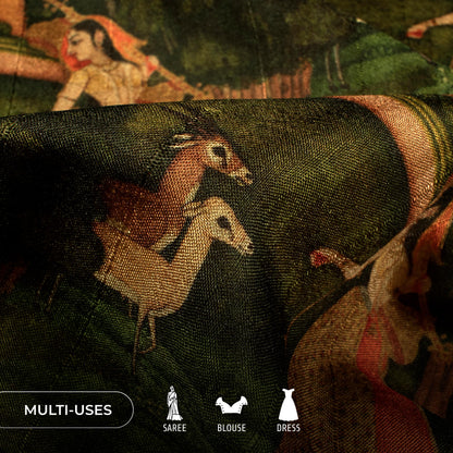 Green And Brown Madhuvanii Printed Art Tusser Silk Fabric