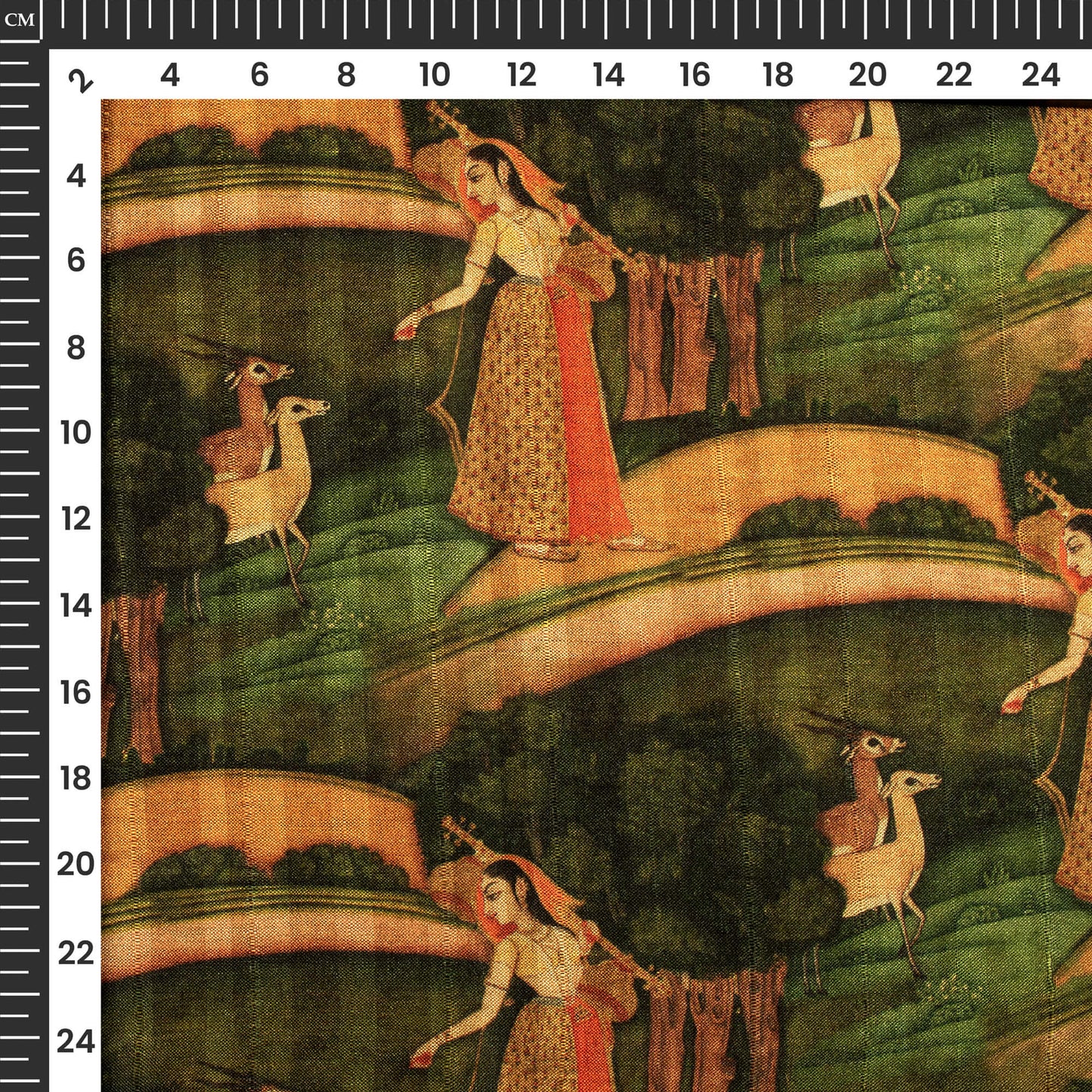 Green And Brown Madhubani Printed Art Tusser Silk Fabric