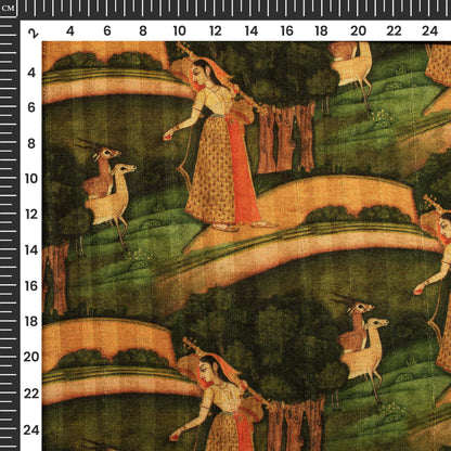 Green And Brown Madhuvanii Printed Art Tusser Silk Fabric