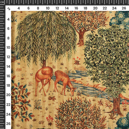 Green And Cream Madhuvanii Printed Art Tusser Silk Fabric