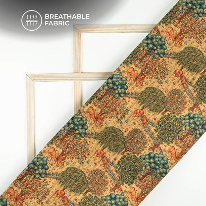 Green And Cream Madhuvanii Printed Art Tusser Silk Fabric