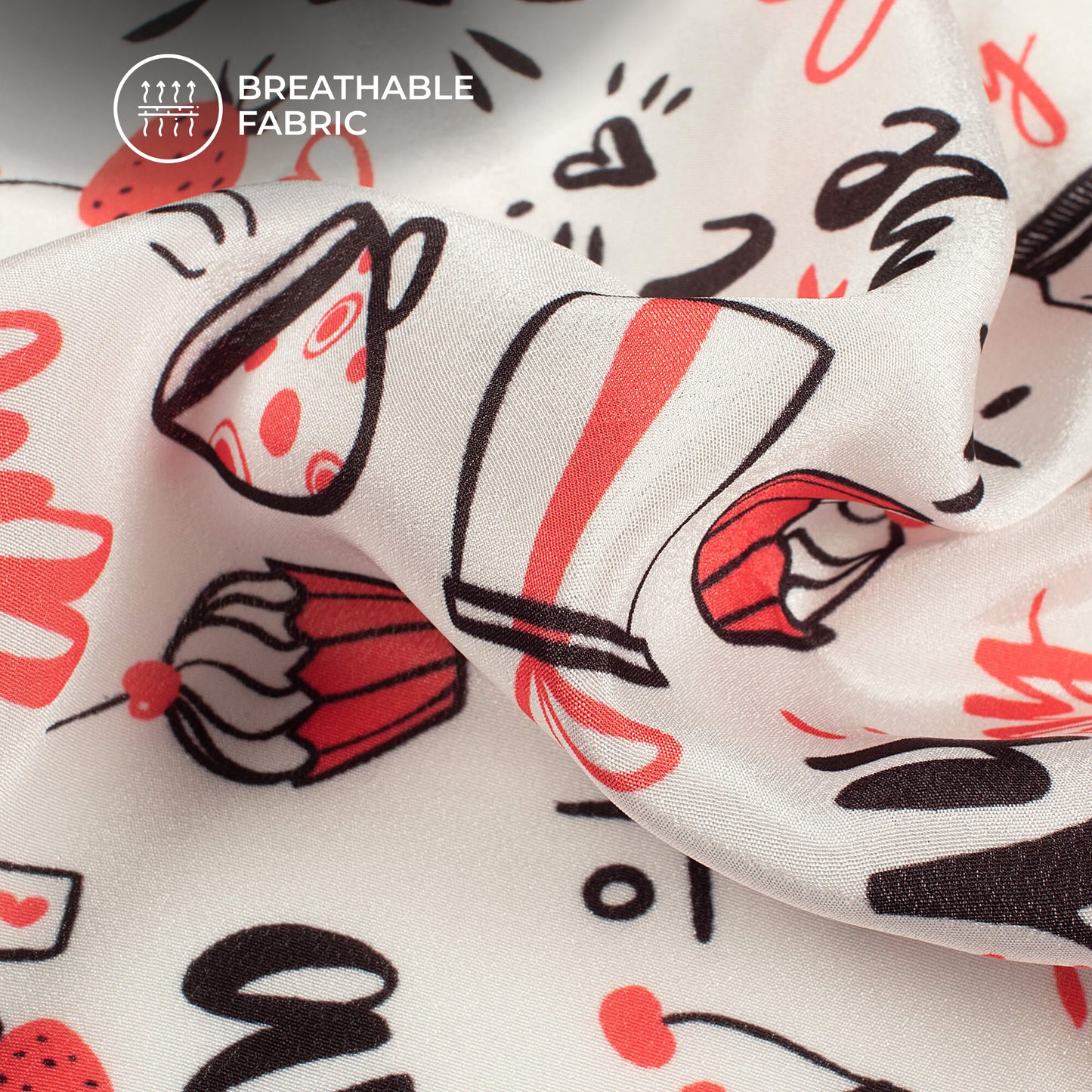Red And Black Quirky Printed Crepe Silk Fabric