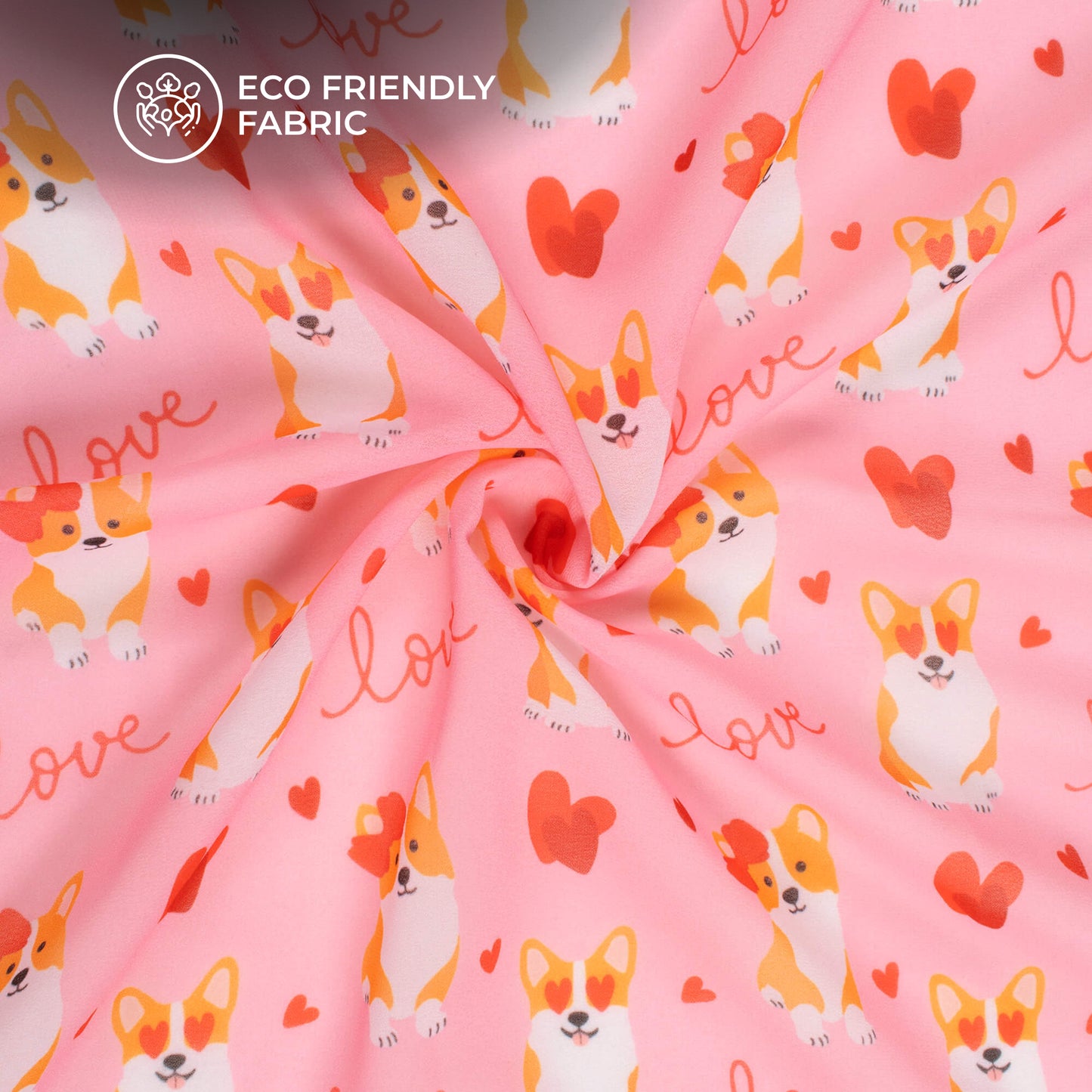 Lovely Pink Corgi And Heart Printed Georgette Fabric