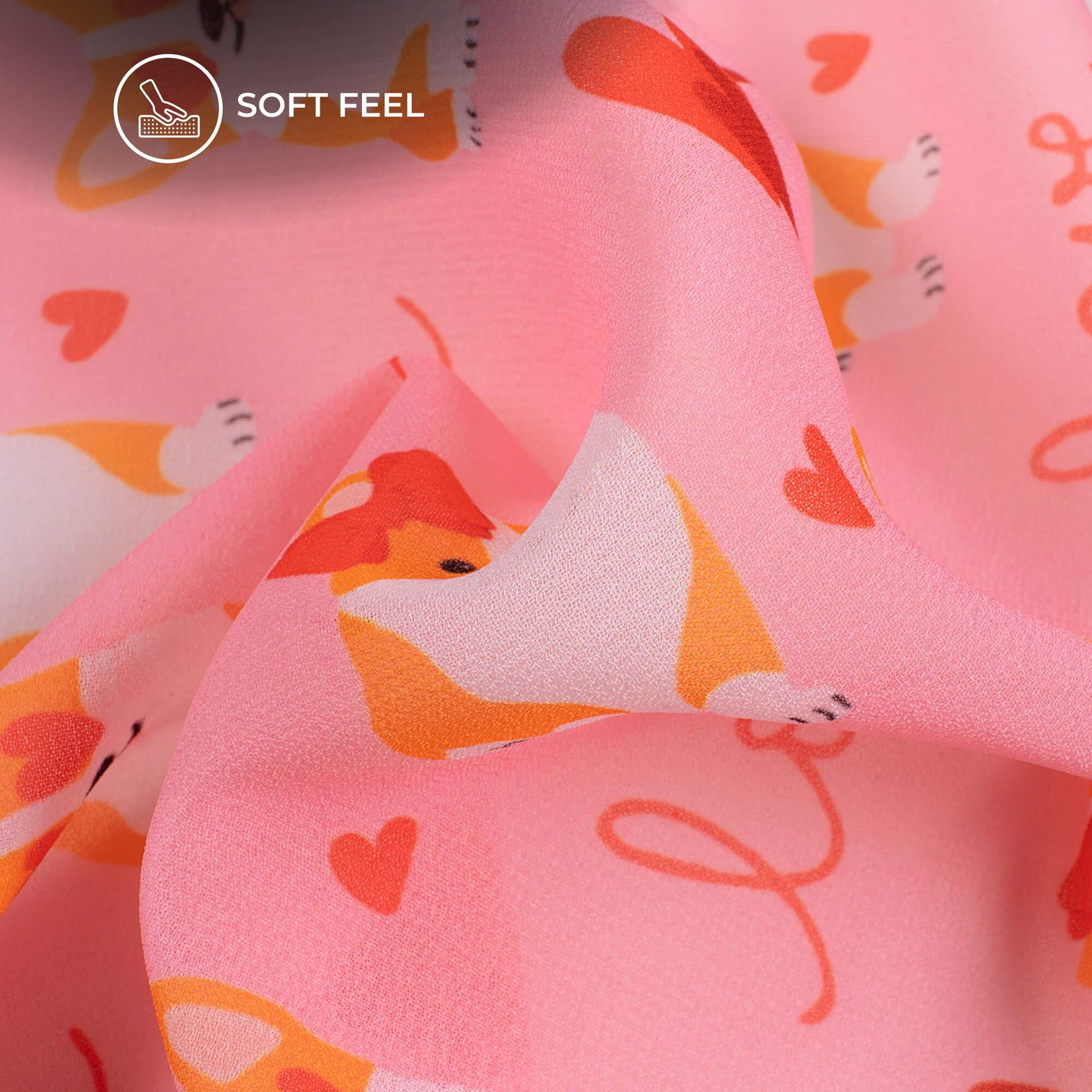 Lovely Pink Corgi And Heart Printed Georgette Fabric