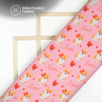 Lovely Pink Corgi And Heart Printed Georgette Fabric