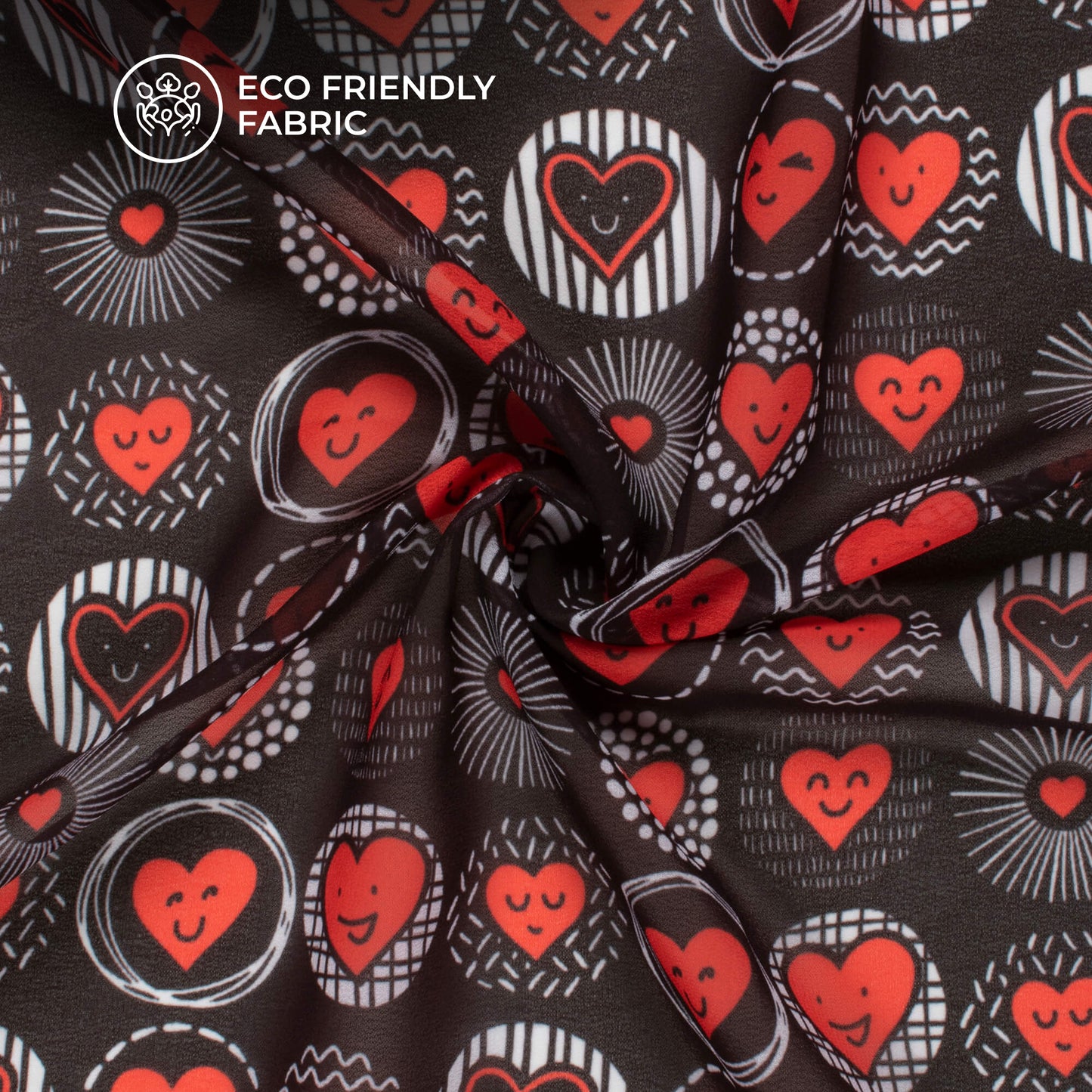 Geometric Smiley Heart Printed Georgette Fabric
