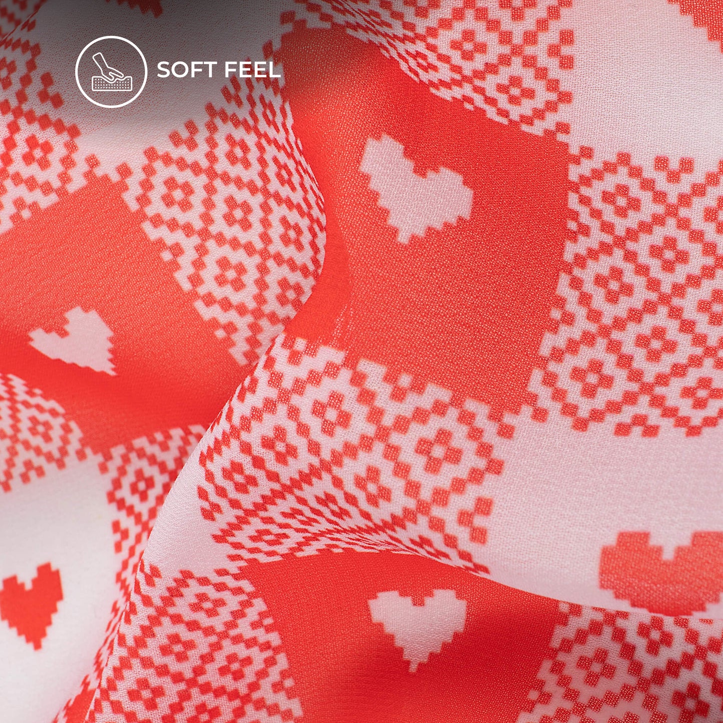 Red And White Checkered With Mini Heart Printed Georgette Fabric