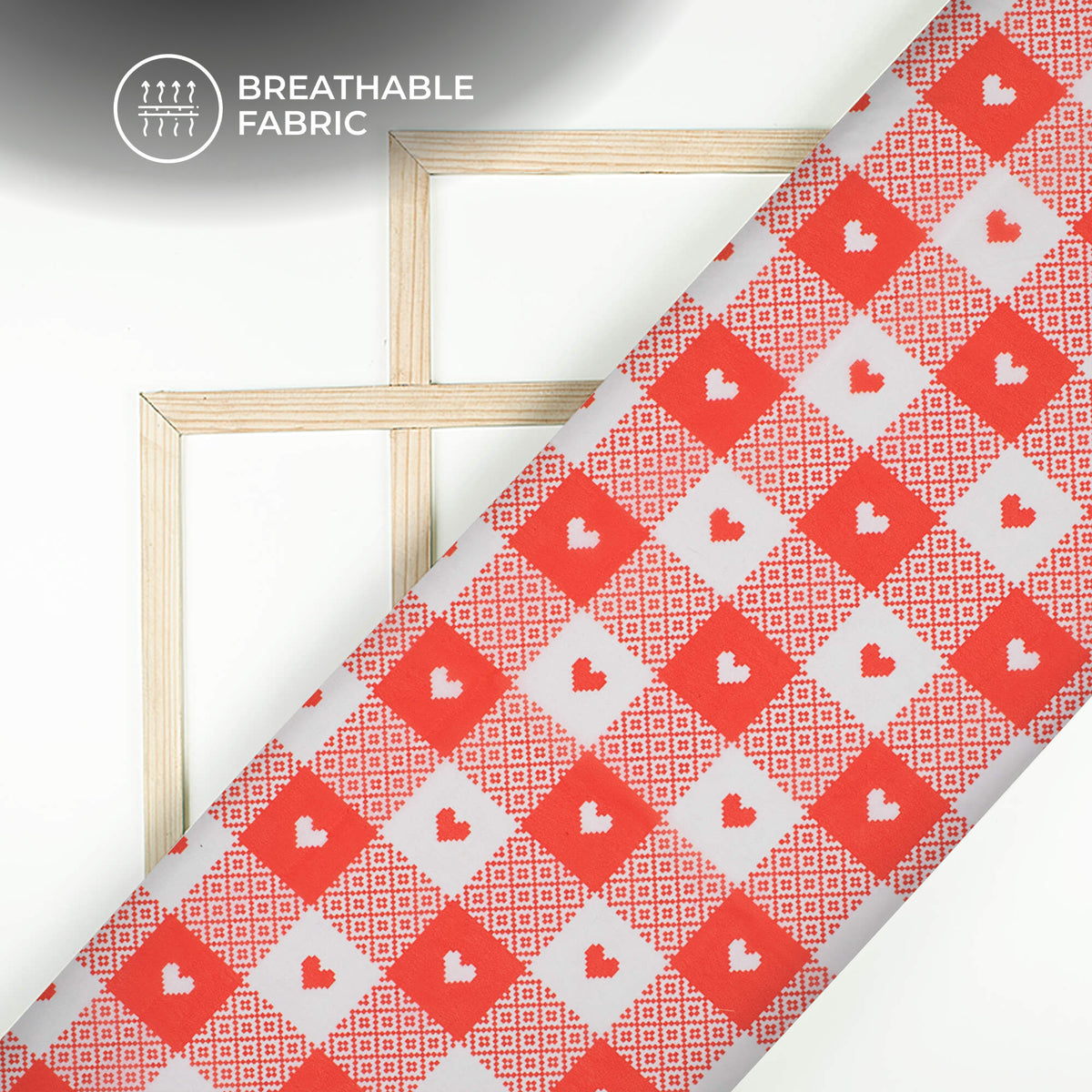 Red And White Checkered With Mini Heart Printed Georgette Fabric