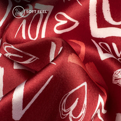 Red And White Quirky Printed Japan Satin Fabric