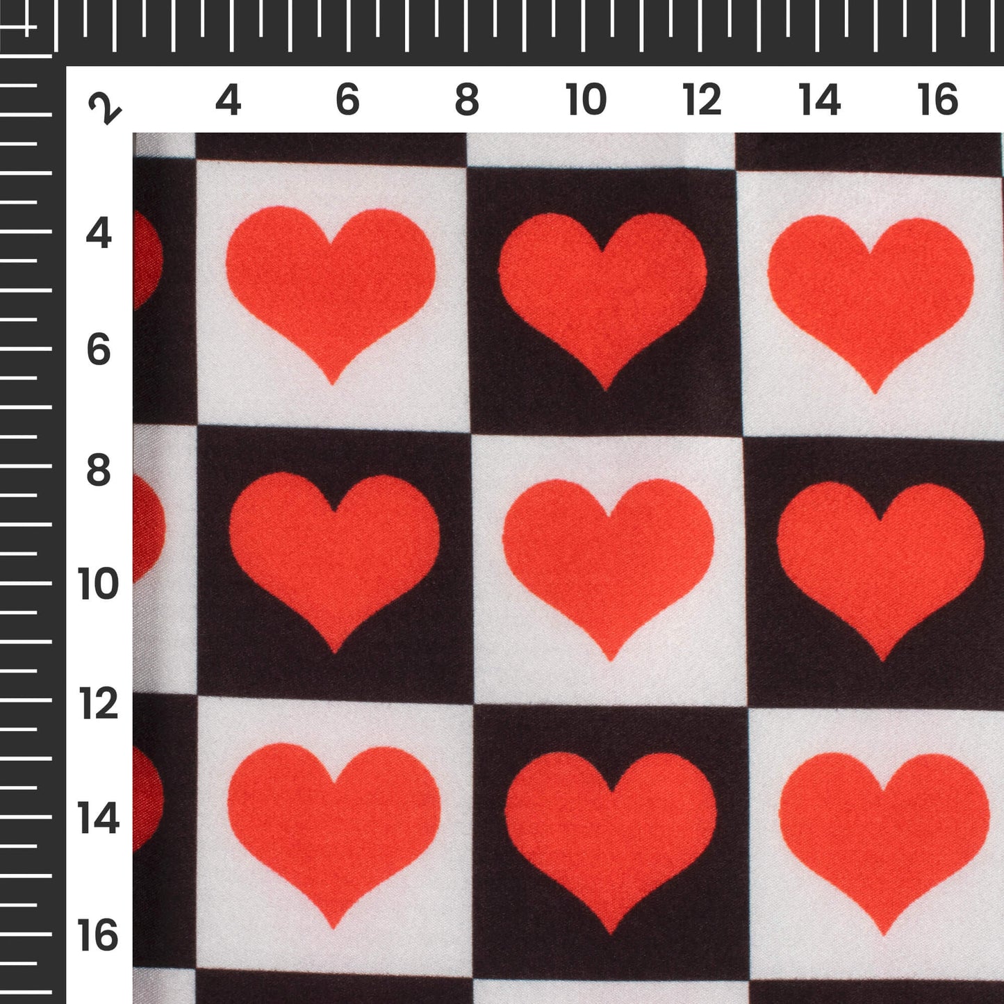 Black And White Checkered Heart Printed Japan Satin Fabric