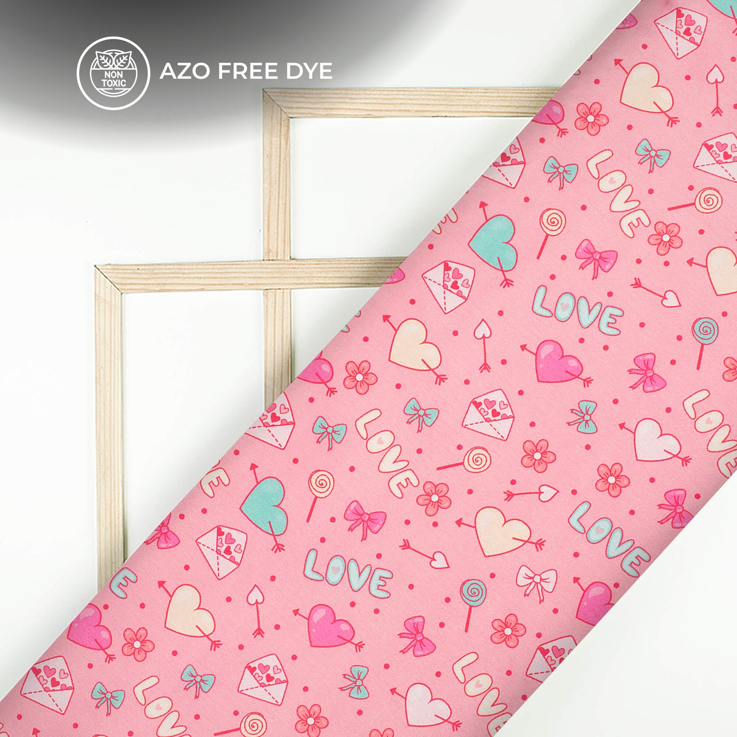 Pink Candy Heart Printed Japan Satin Fabric
