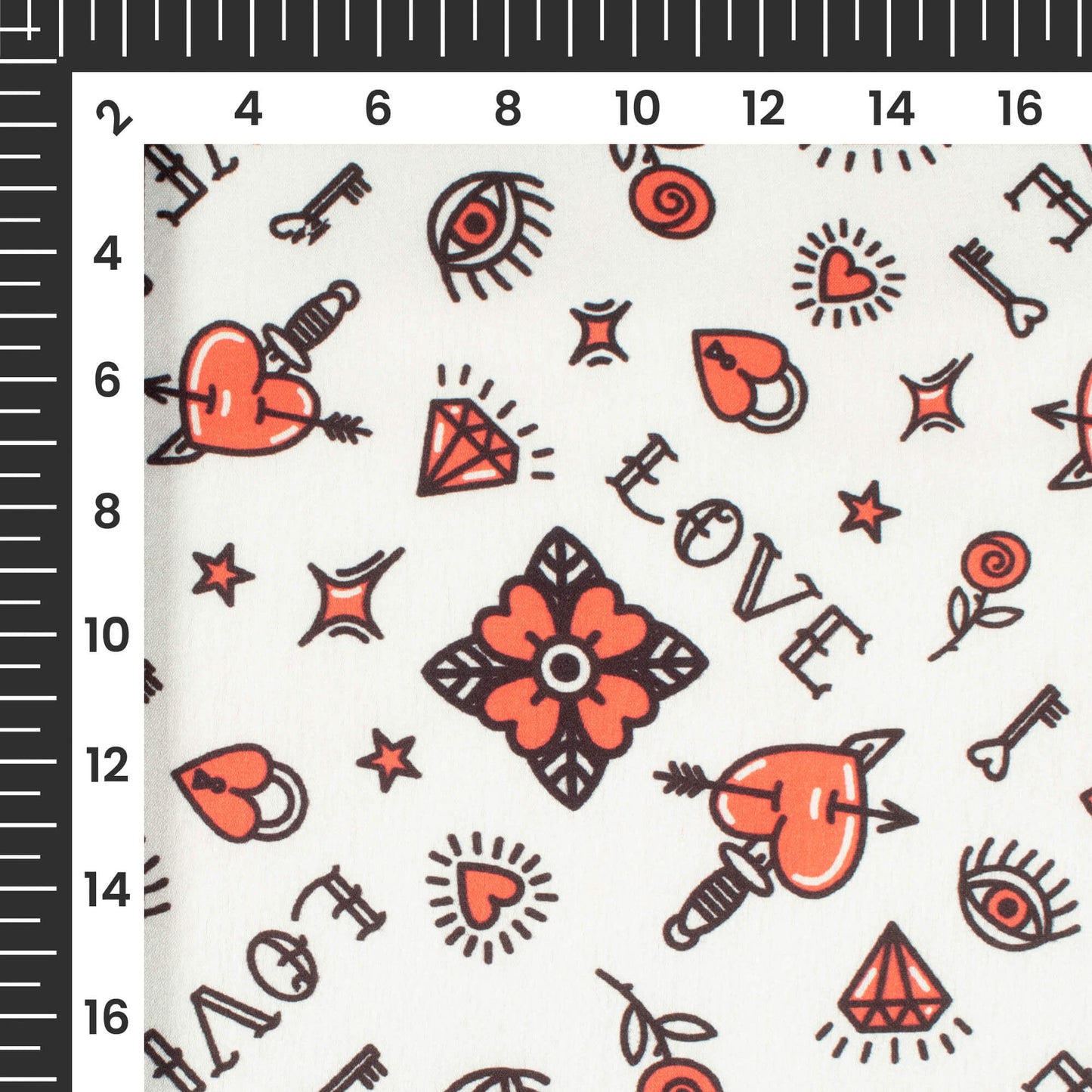 White And Red Quirky Printed Japan Satin Fabric
