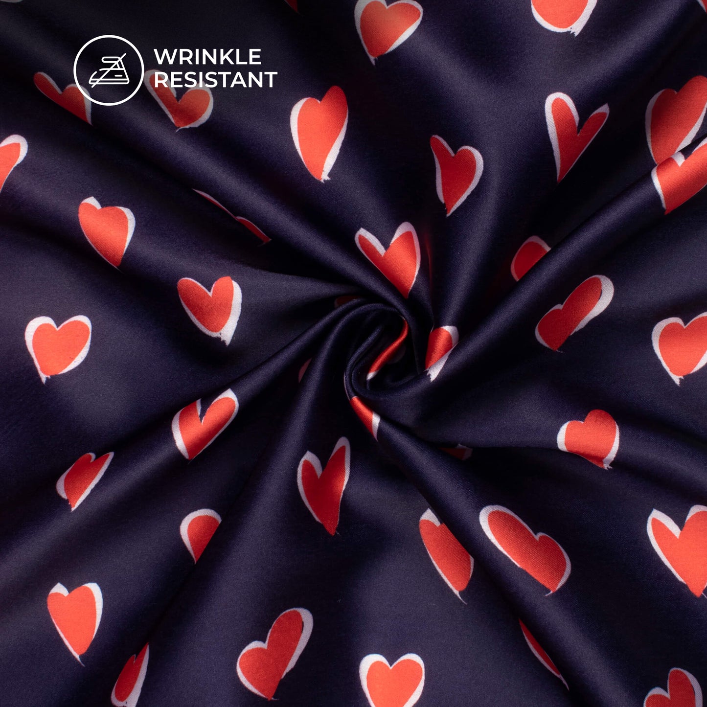 Navy Blue And Red Heart Printed Japan Satin Fabric